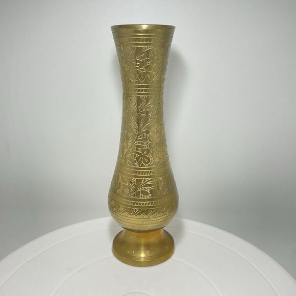 Other - Vintage Etched Brass Floral Bud Vase Hand Engraved India Boho Decorative MCM
